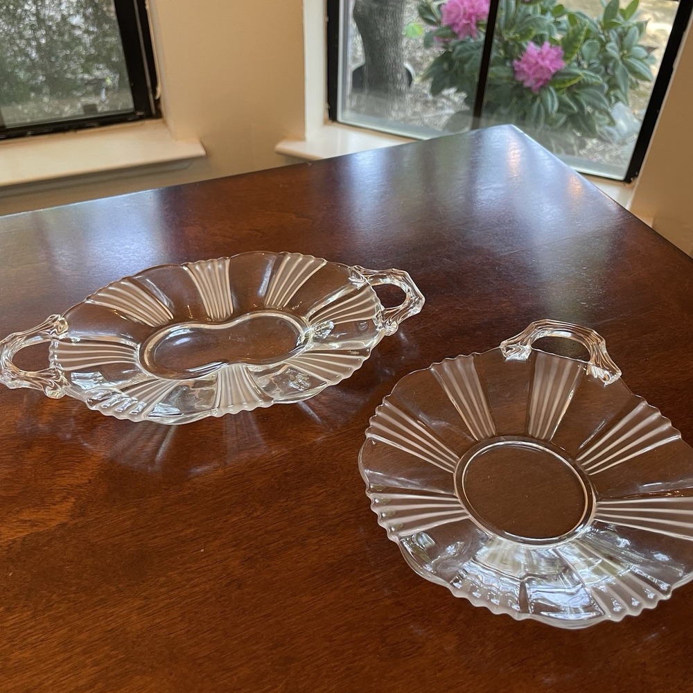 2‎ Vintage Fostoria Sunray Handled Condiment Candy Dishes Shallow Clear Glass